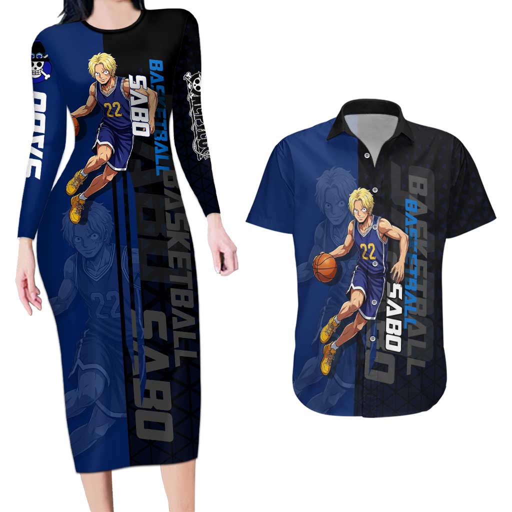 Sabo One Piece Basketball Theme Blue and Black Design Couples Matching Long Sleeve Bodycon Dress and Hawaiian Shirt with Top Hat Emblem and Action Dribble Pose - The Mazicc