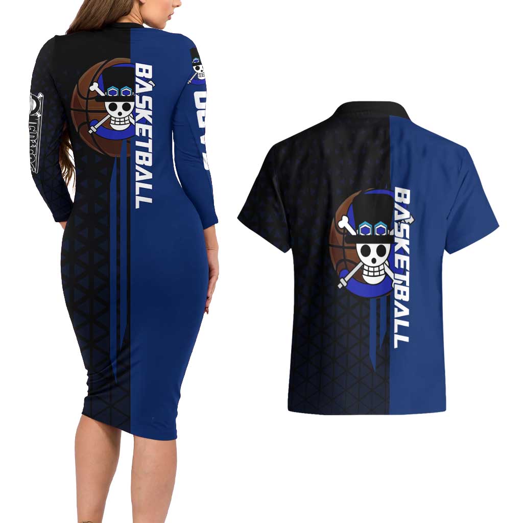 Sabo One Piece Basketball Theme Blue and Black Design Couples Matching Long Sleeve Bodycon Dress and Hawaiian Shirt with Top Hat Emblem and Action Dribble Pose - The Mazicc