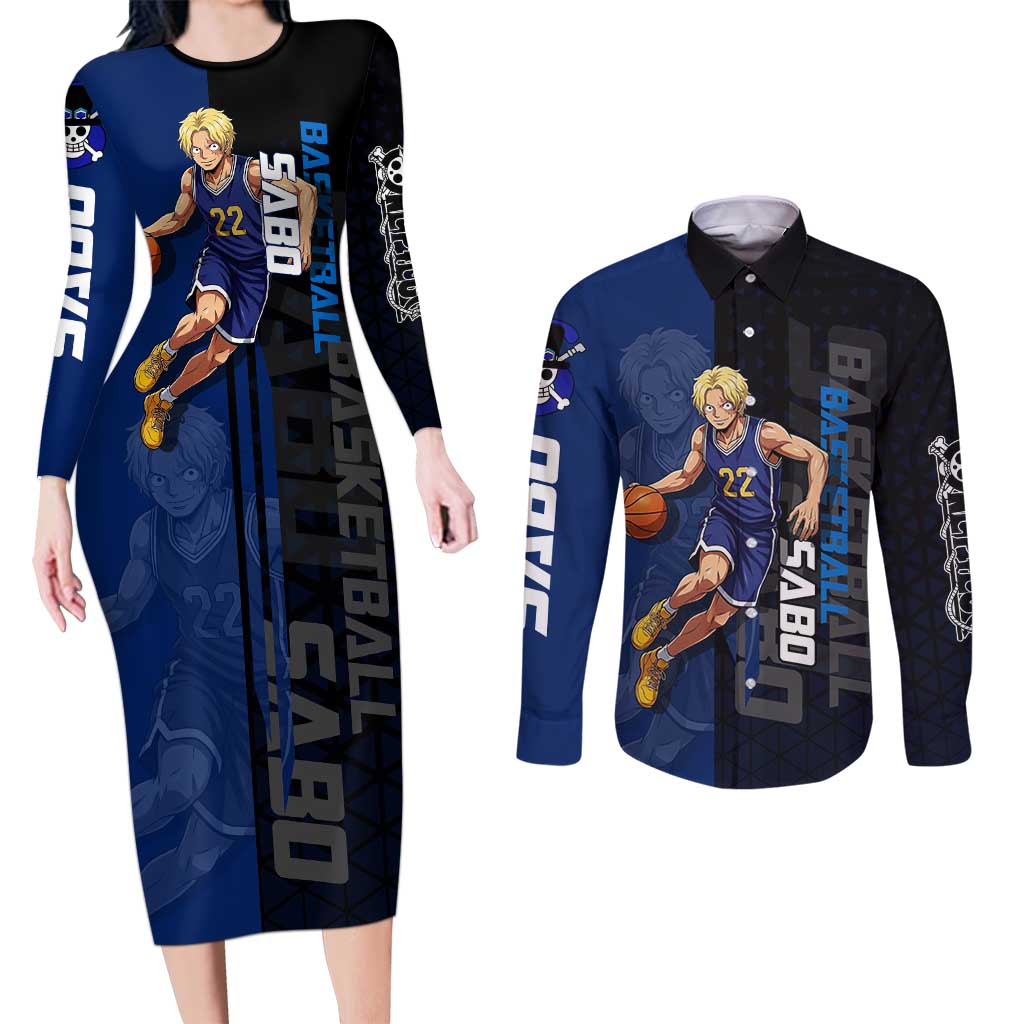 Sabo One Piece Basketball Theme Blue and Black Design Couples Matching Long Sleeve Bodycon Dress and Long Sleeve Button Shirt with Top Hat Emblem and Action Dribble Pose - The Mazicc
