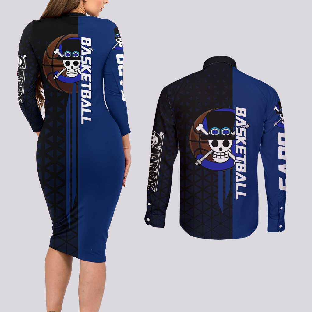 Sabo One Piece Basketball Theme Blue and Black Design Couples Matching Long Sleeve Bodycon Dress and Long Sleeve Button Shirt with Top Hat Emblem and Action Dribble Pose - The Mazicc