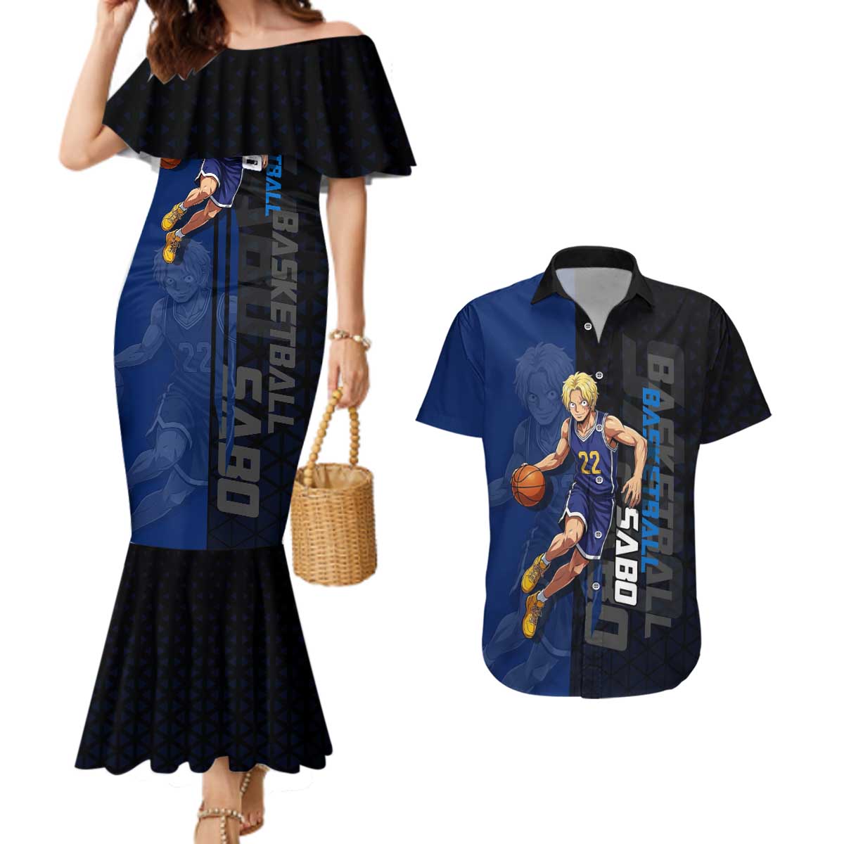 Sabo One Piece Basketball Theme Blue and Black Design Couples Matching Mermaid Dress and Hawaiian Shirt with Top Hat Emblem and Action Dribble Pose - The Mazicc