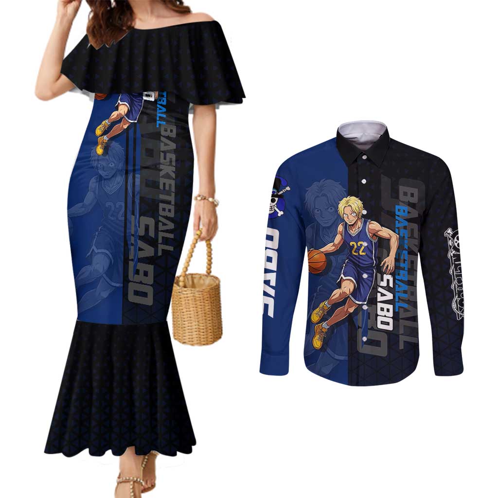Sabo One Piece Basketball Theme Blue and Black Design Couples Matching Mermaid Dress and Long Sleeve Button Shirt with Top Hat Emblem and Action Dribble Pose - The Mazicc