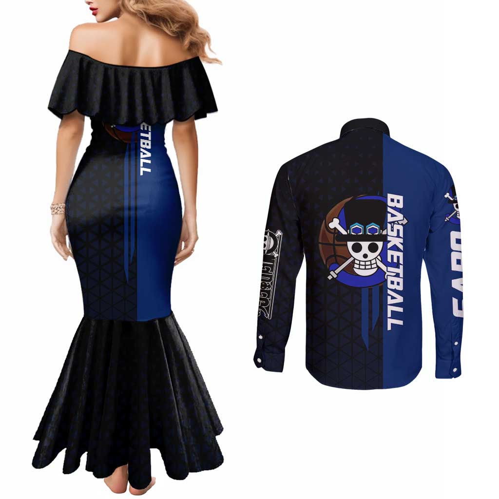 Sabo One Piece Basketball Theme Blue and Black Design Couples Matching Mermaid Dress and Long Sleeve Button Shirt with Top Hat Emblem and Action Dribble Pose - The Mazicc