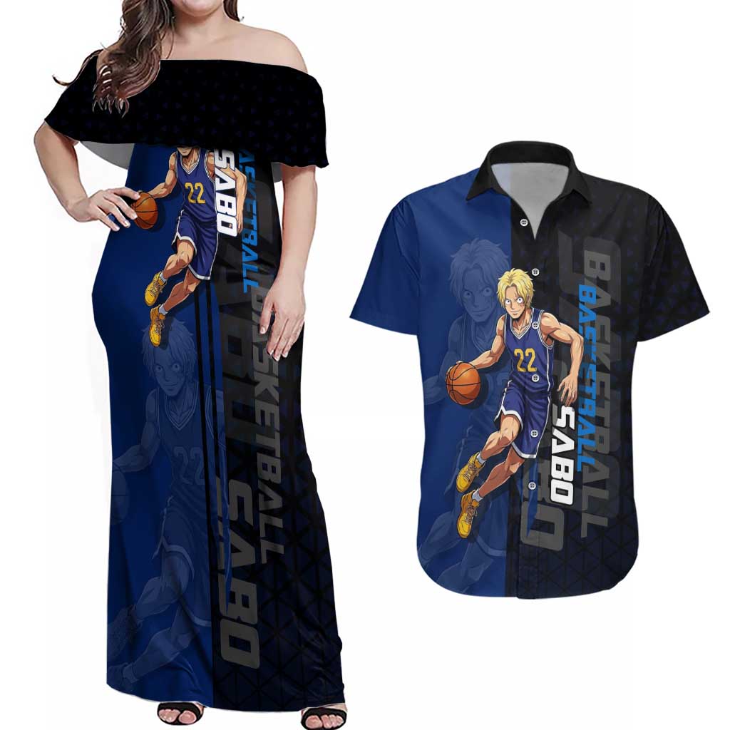 Sabo One Piece Basketball Theme Blue and Black Design Couples Matching Off Shoulder Maxi Dress and Hawaiian Shirt with Top Hat Emblem and Action Dribble Pose - The Mazicc
