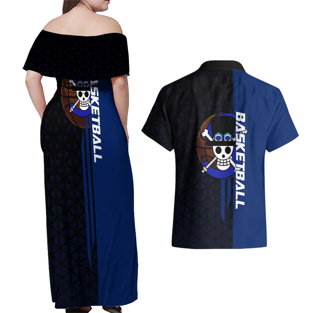 Sabo One Piece Basketball Theme Blue and Black Design Couples Matching Off Shoulder Maxi Dress and Hawaiian Shirt with Top Hat Emblem and Action Dribble Pose - The Mazicc