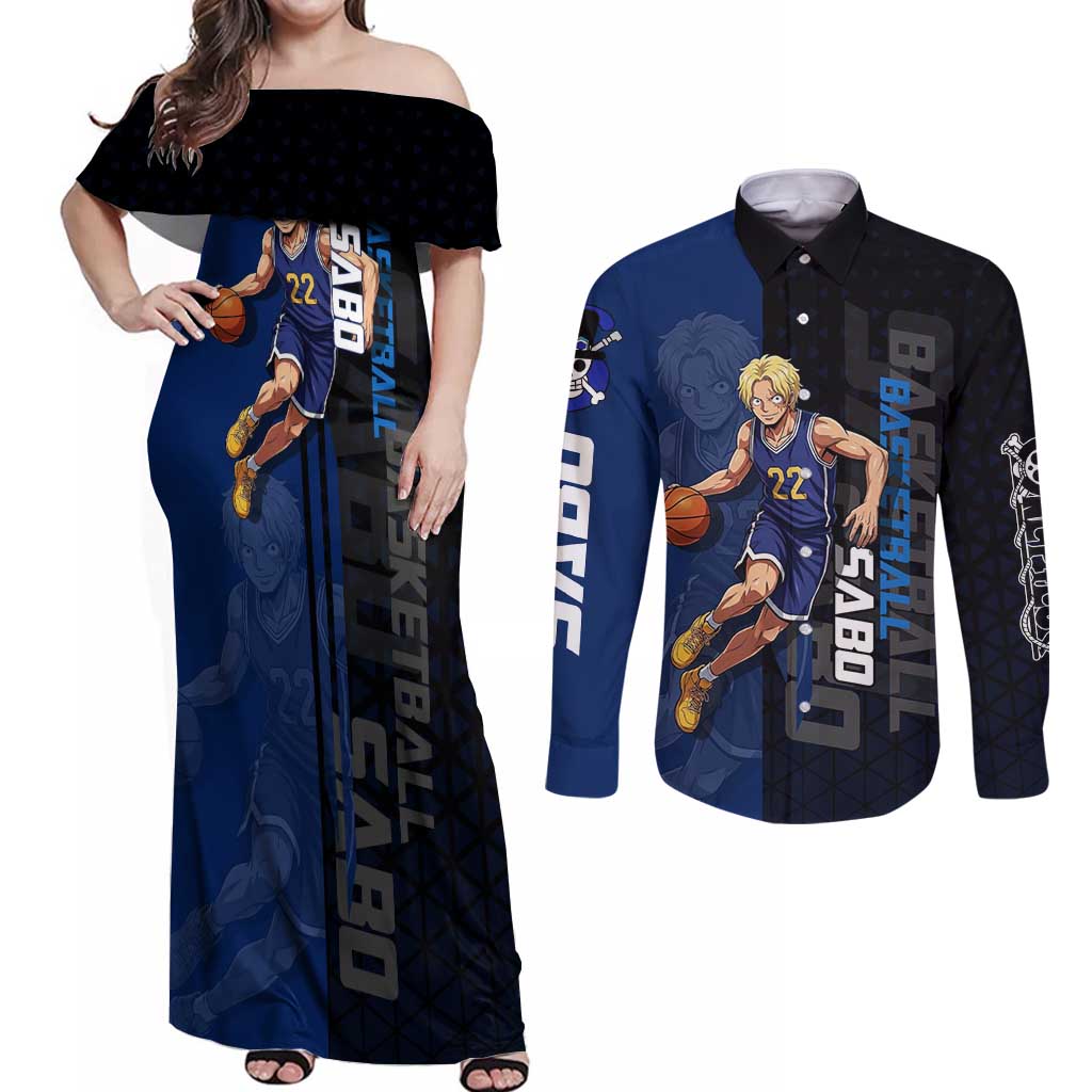 Sabo One Piece Basketball Theme Blue and Black Design Couples Matching Off Shoulder Maxi Dress and Long Sleeve Button Shirt with Top Hat Emblem and Action Dribble Pose - The Mazicc