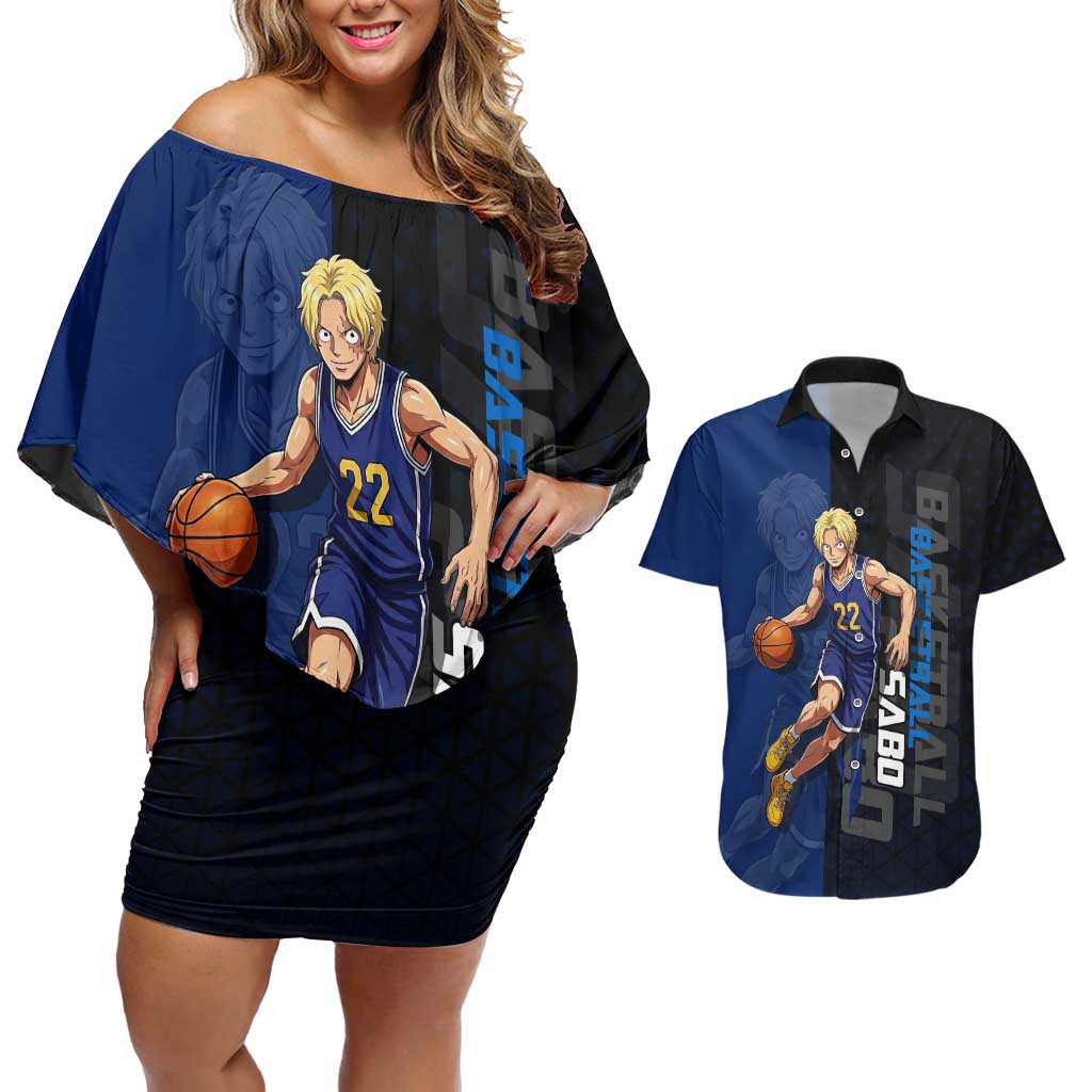 Sabo One Piece Basketball Theme Blue and Black Design Couples Matching Off Shoulder Short Dress and Hawaiian Shirt with Top Hat Emblem and Action Dribble Pose - The Mazicc