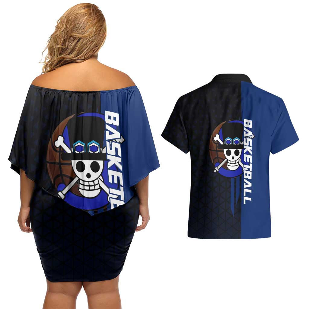 Sabo One Piece Basketball Theme Blue and Black Design Couples Matching Off Shoulder Short Dress and Hawaiian Shirt with Top Hat Emblem and Action Dribble Pose - The Mazicc