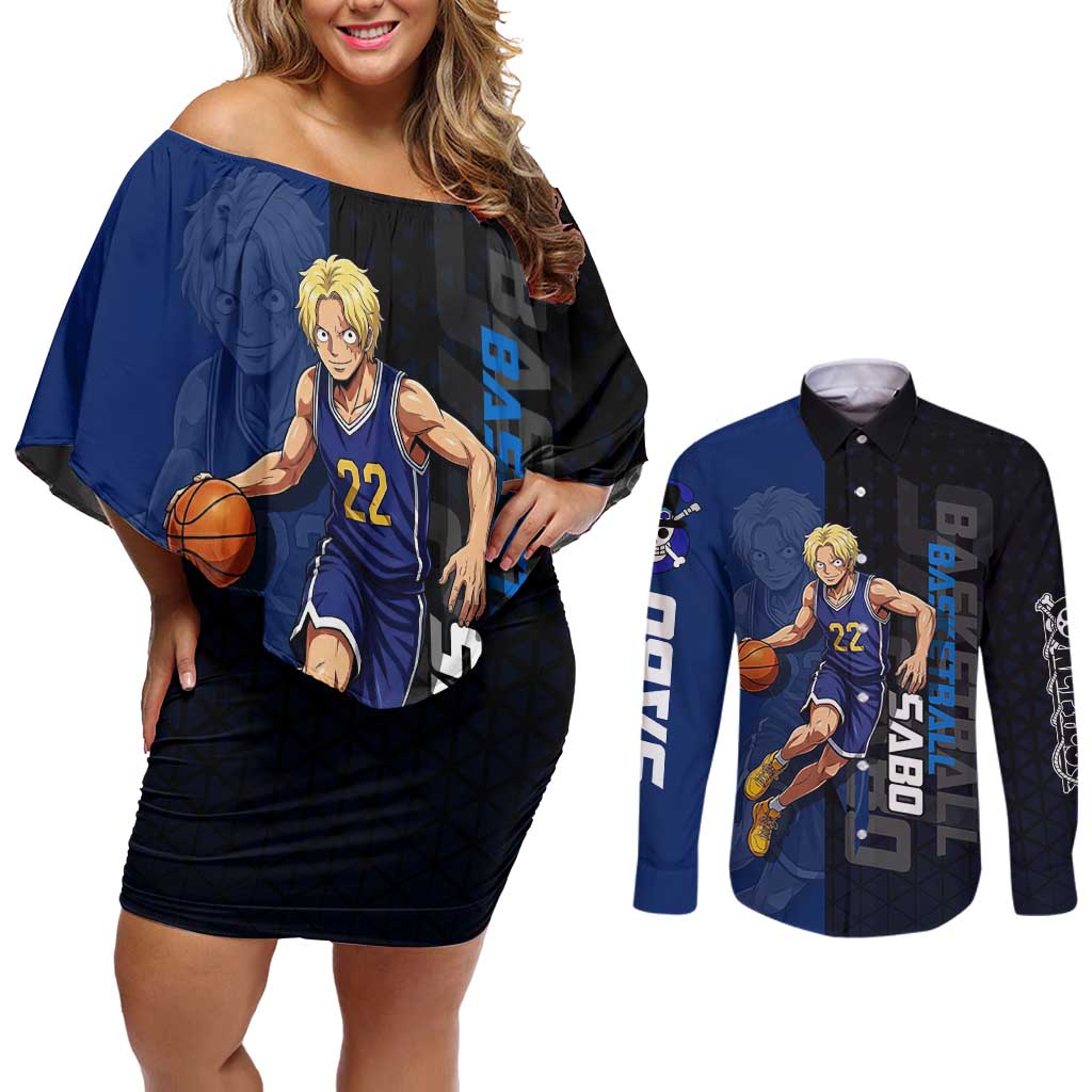 Sabo One Piece Basketball Theme Blue and Black Design Couples Matching Off Shoulder Short Dress and Long Sleeve Button Shirt with Top Hat Emblem and Action Dribble Pose - The Mazicc