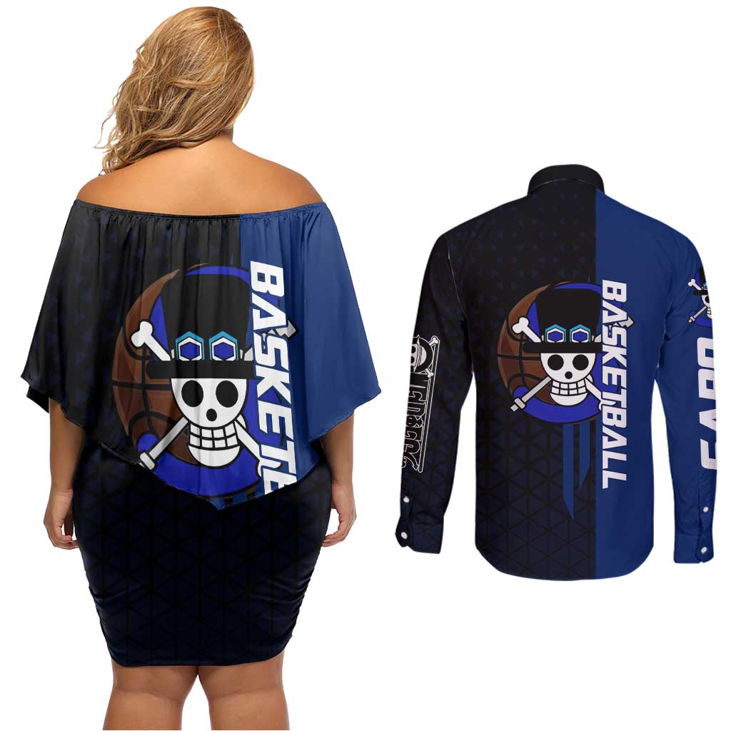Sabo One Piece Basketball Theme Blue and Black Design Couples Matching Off Shoulder Short Dress and Long Sleeve Button Shirt with Top Hat Emblem and Action Dribble Pose - The Mazicc