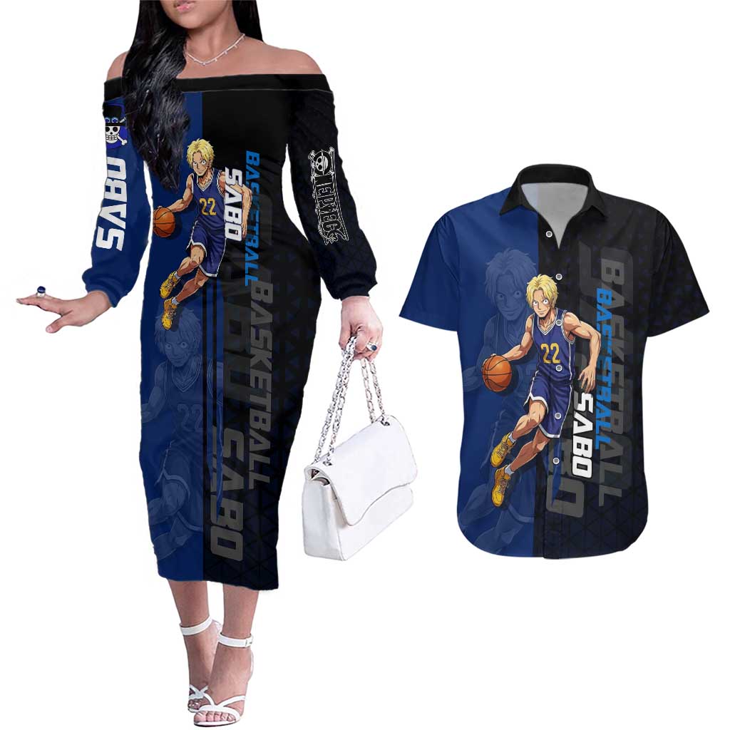 Sabo One Piece Basketball Theme Blue and Black Design Couples Matching Off The Shoulder Long Sleeve Dress and Hawaiian Shirt with Top Hat Emblem and Action Dribble Pose - The Mazicc
