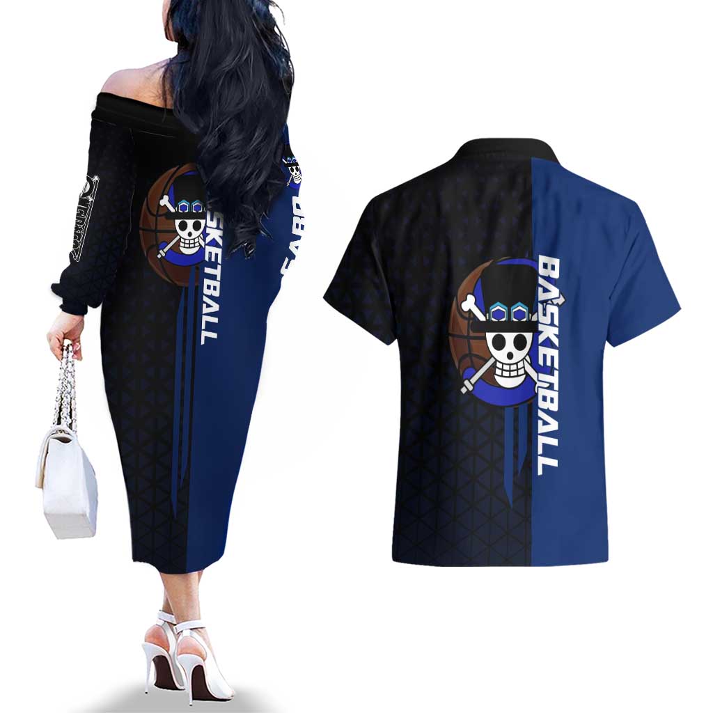 Sabo One Piece Basketball Theme Blue and Black Design Couples Matching Off The Shoulder Long Sleeve Dress and Hawaiian Shirt with Top Hat Emblem and Action Dribble Pose - The Mazicc