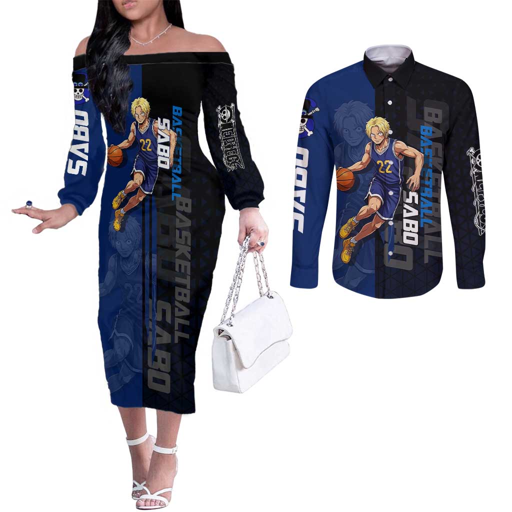 Sabo One Piece Basketball Theme Blue and Black Design Couples Matching Off The Shoulder Long Sleeve Dress and Long Sleeve Button Shirt with Top Hat Emblem and Action Dribble Pose - The Mazicc