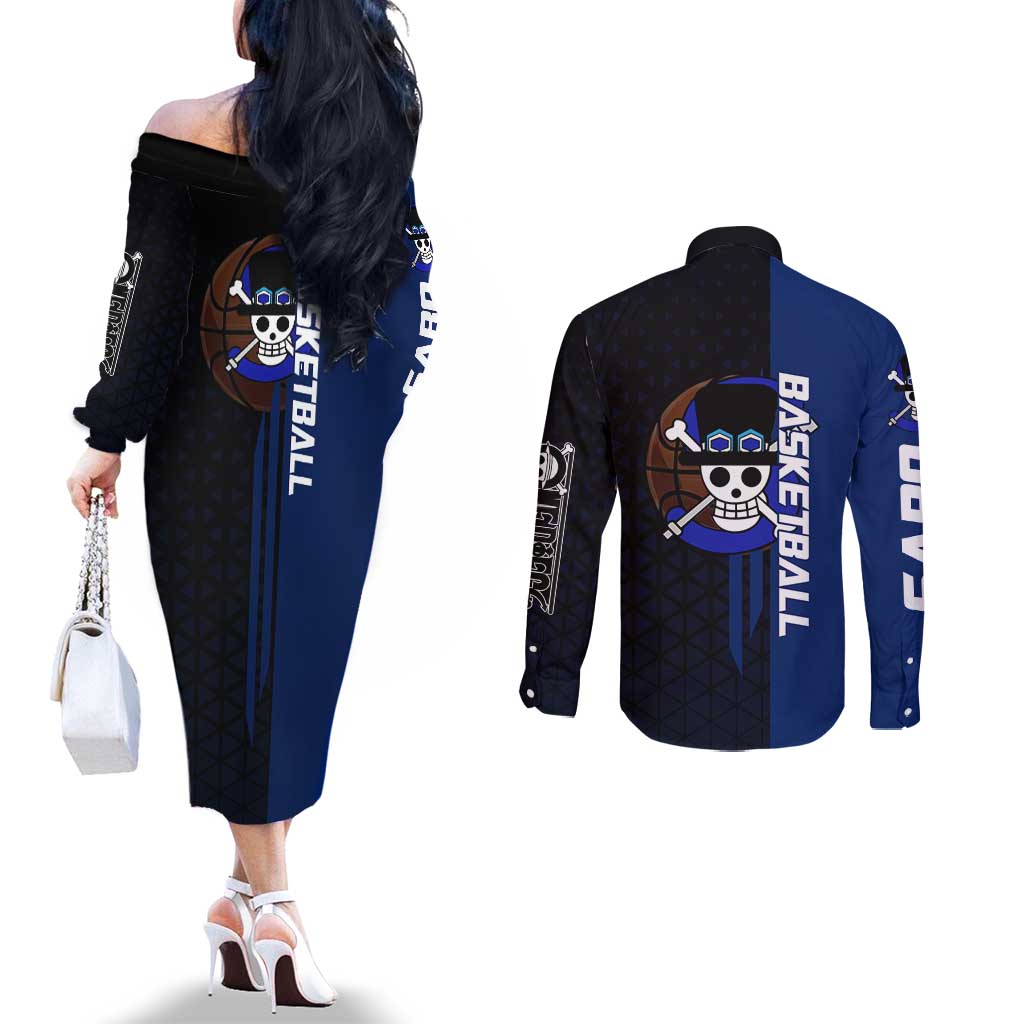 Sabo One Piece Basketball Theme Blue and Black Design Couples Matching Off The Shoulder Long Sleeve Dress and Long Sleeve Button Shirt with Top Hat Emblem and Action Dribble Pose - The Mazicc