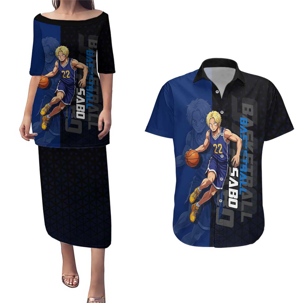 Sabo One Piece Basketball Theme Blue and Black Design Couples Matching Puletasi and Hawaiian Shirt with Top Hat Emblem and Action Dribble Pose - The Mazicc