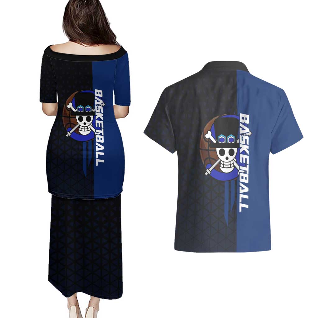 Sabo One Piece Basketball Theme Blue and Black Design Couples Matching Puletasi and Hawaiian Shirt with Top Hat Emblem and Action Dribble Pose - The Mazicc