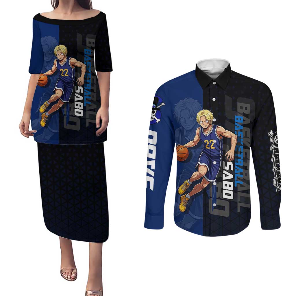 Sabo One Piece Basketball Theme Blue and Black Design Couples Matching Puletasi and Long Sleeve Button Shirt with Top Hat Emblem and Action Dribble Pose - The Mazicc