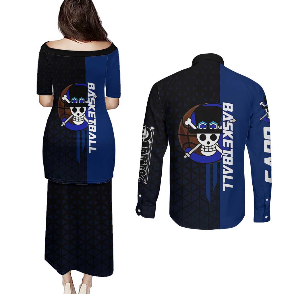 Sabo One Piece Basketball Theme Blue and Black Design Couples Matching Puletasi and Long Sleeve Button Shirt with Top Hat Emblem and Action Dribble Pose - The Mazicc