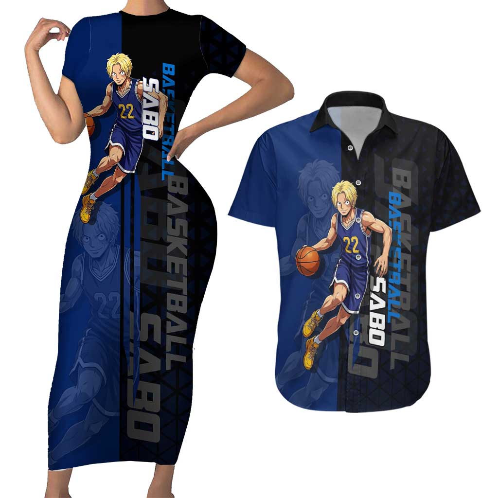 Sabo One Piece Basketball Theme Blue and Black Design Couples Matching Short Sleeve Bodycon Dress and Hawaiian Shirt with Top Hat Emblem and Action Dribble Pose - The Mazicc