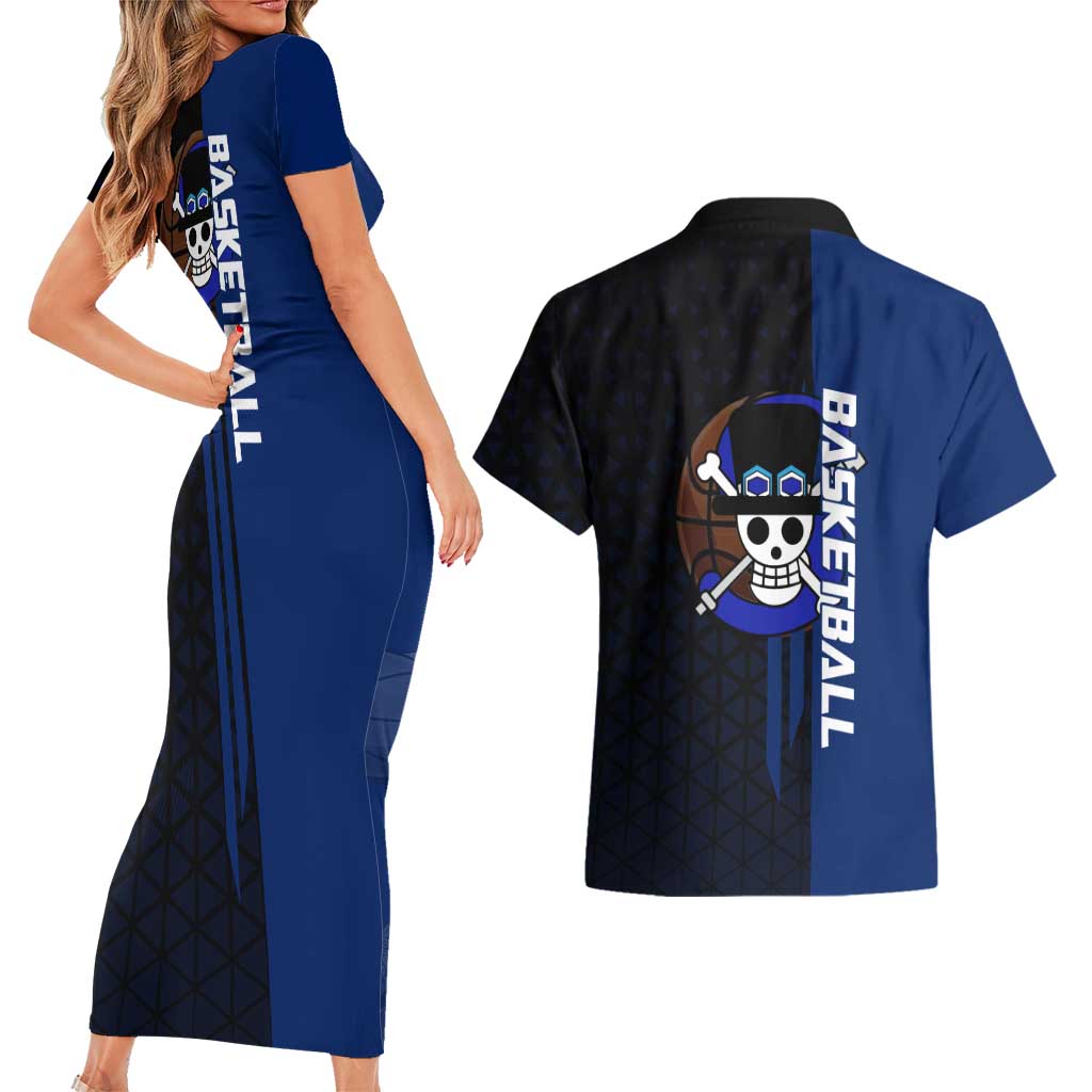 Sabo One Piece Basketball Theme Blue and Black Design Couples Matching Short Sleeve Bodycon Dress and Hawaiian Shirt with Top Hat Emblem and Action Dribble Pose - The Mazicc