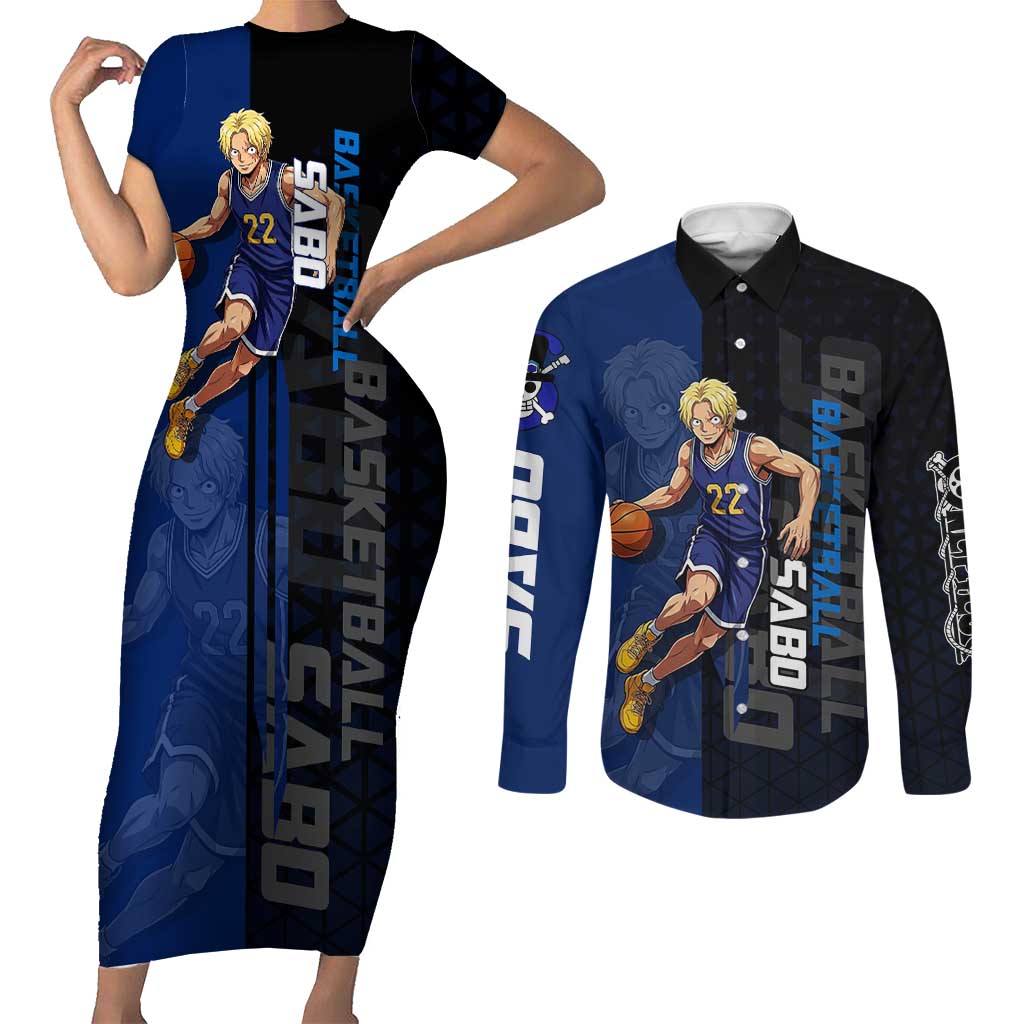 Sabo One Piece Basketball Theme Blue and Black Design Couples Matching Short Sleeve Bodycon Dress and Long Sleeve Button Shirt with Top Hat Emblem and Action Dribble Pose - The Mazicc
