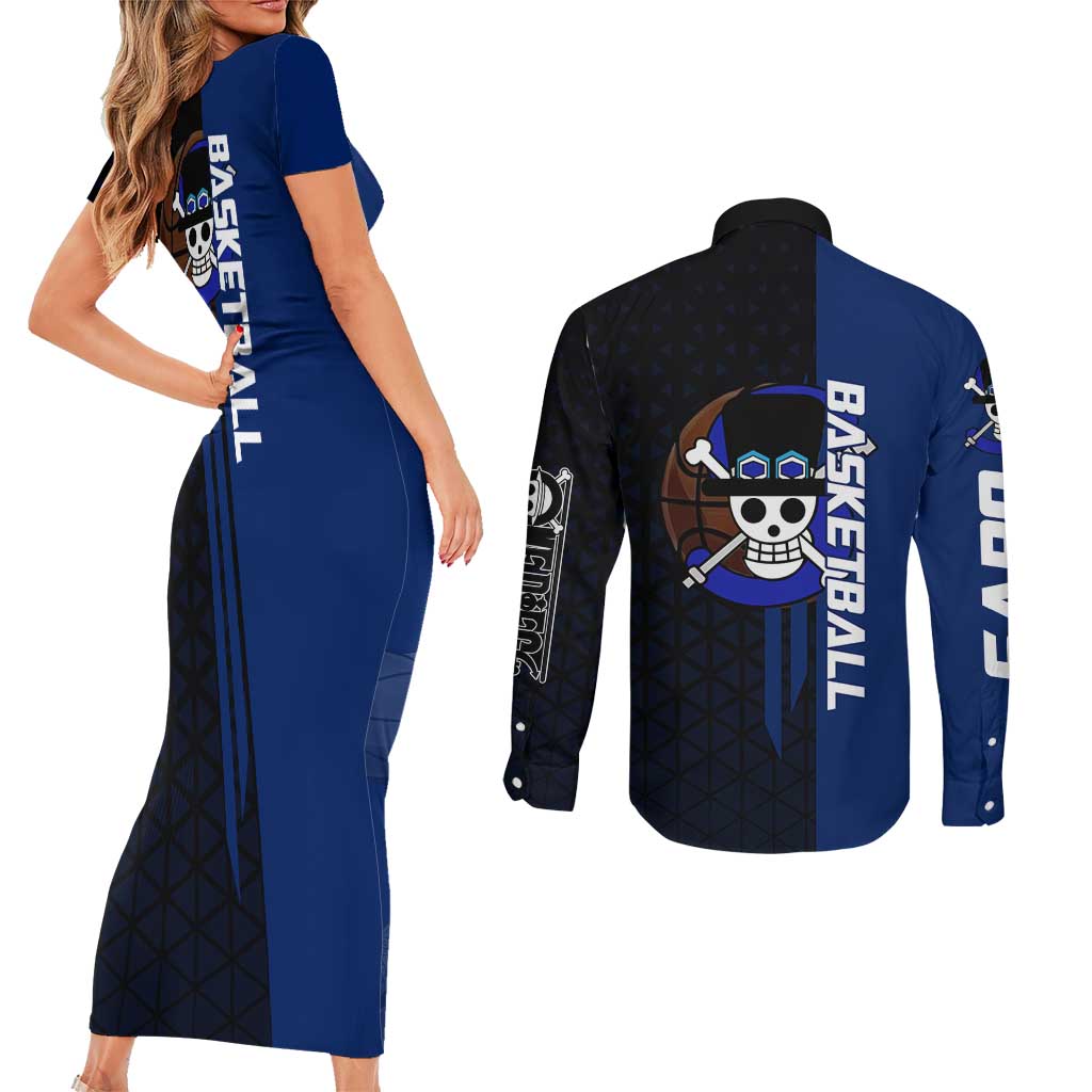 Sabo One Piece Basketball Theme Blue and Black Design Couples Matching Short Sleeve Bodycon Dress and Long Sleeve Button Shirt with Top Hat Emblem and Action Dribble Pose - The Mazicc