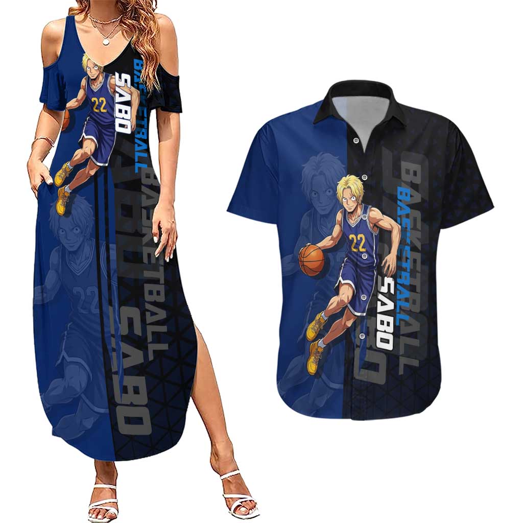 Sabo One Piece Basketball Theme Blue and Black Design Couples Matching Summer Maxi Dress and Hawaiian Shirt with Top Hat Emblem and Action Dribble Pose - The Mazicc