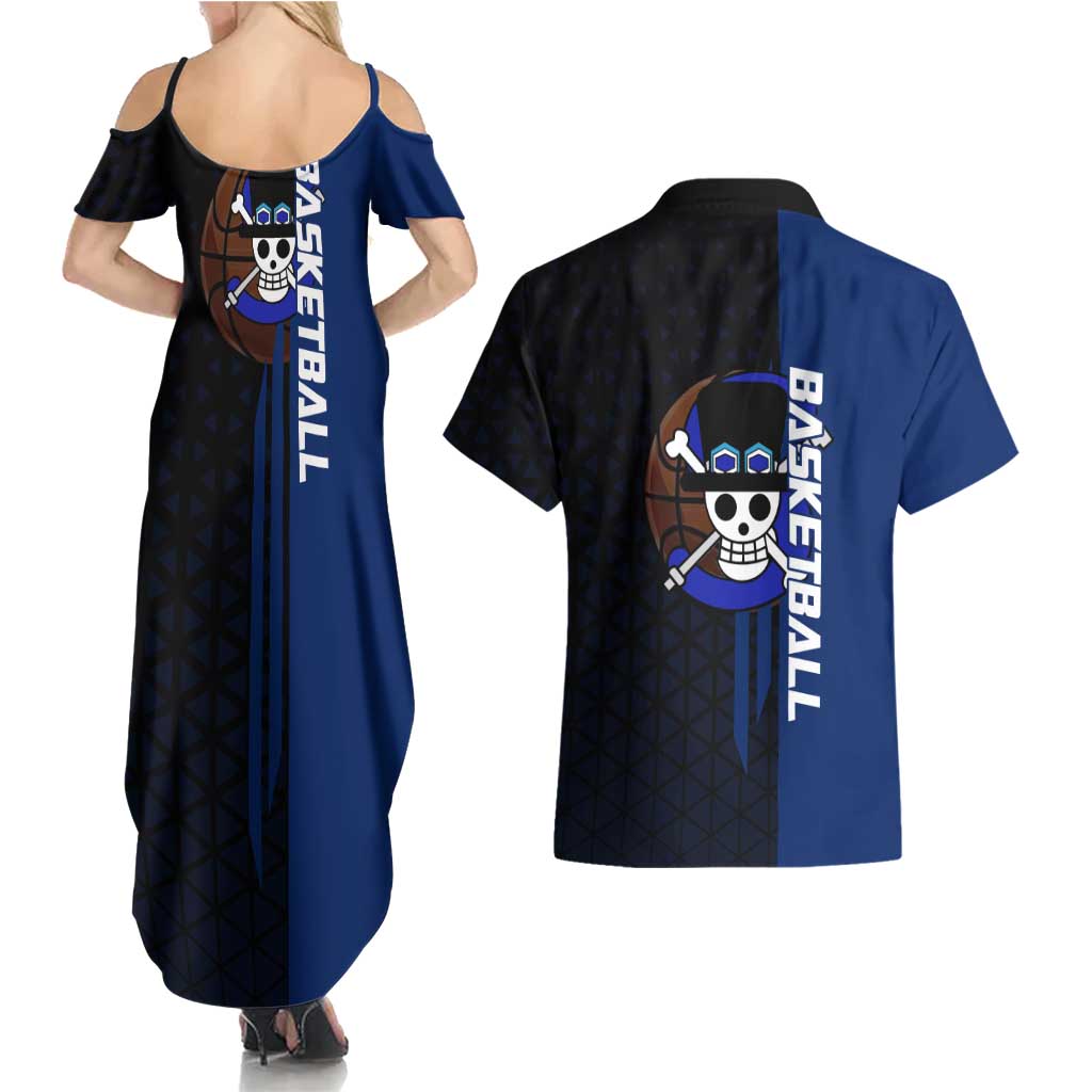 Sabo One Piece Basketball Theme Blue and Black Design Couples Matching Summer Maxi Dress and Hawaiian Shirt with Top Hat Emblem and Action Dribble Pose - The Mazicc