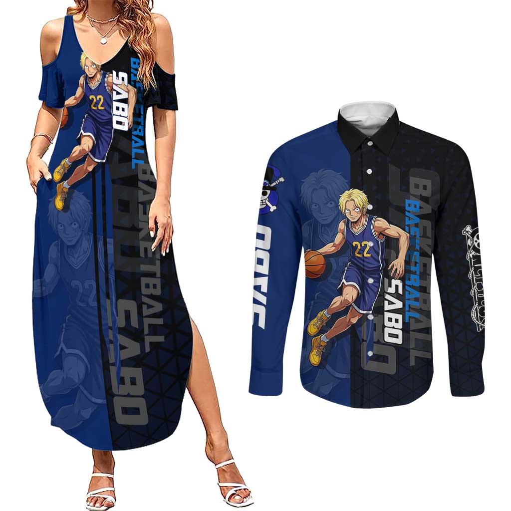 Sabo One Piece Basketball Theme Blue and Black Design Couples Matching Summer Maxi Dress and Long Sleeve Button Shirt with Top Hat Emblem and Action Dribble Pose - The Mazicc