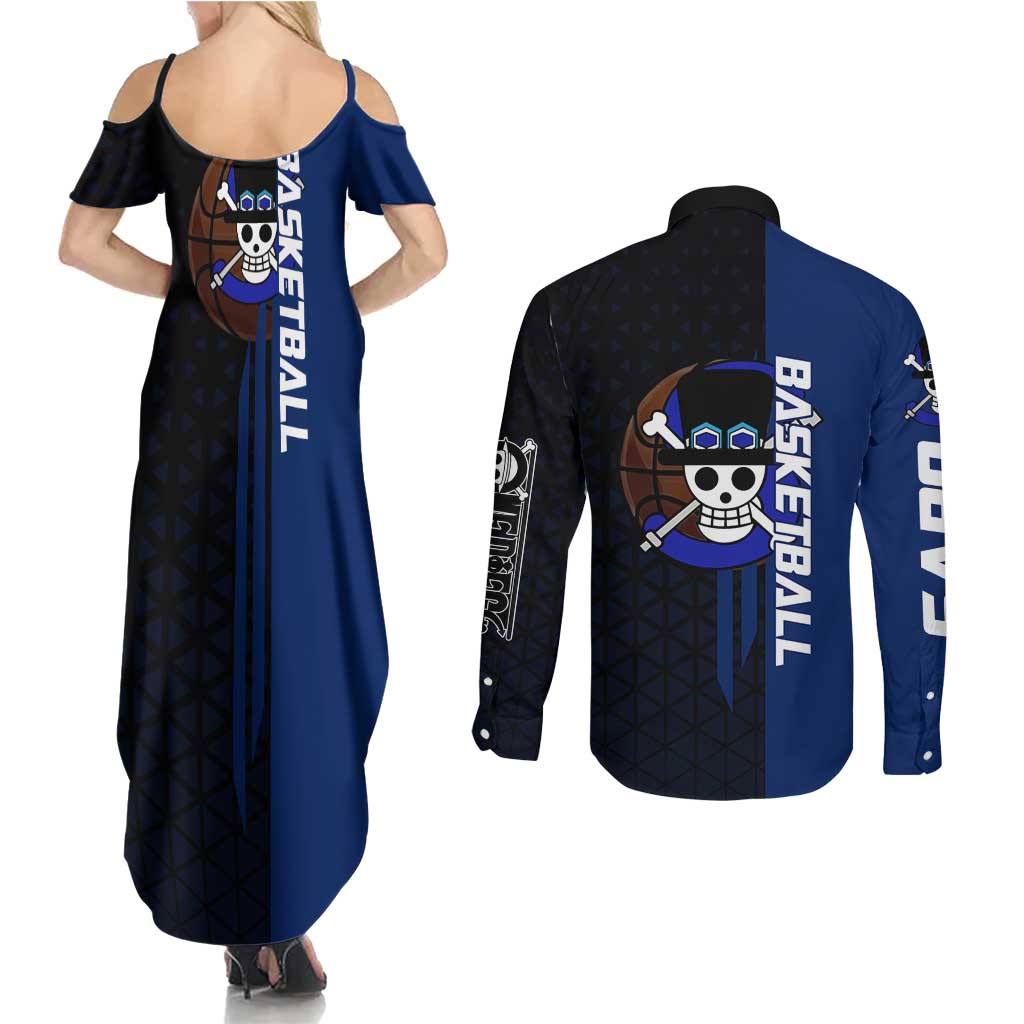 Sabo One Piece Basketball Theme Blue and Black Design Couples Matching Summer Maxi Dress and Long Sleeve Button Shirt with Top Hat Emblem and Action Dribble Pose - The Mazicc