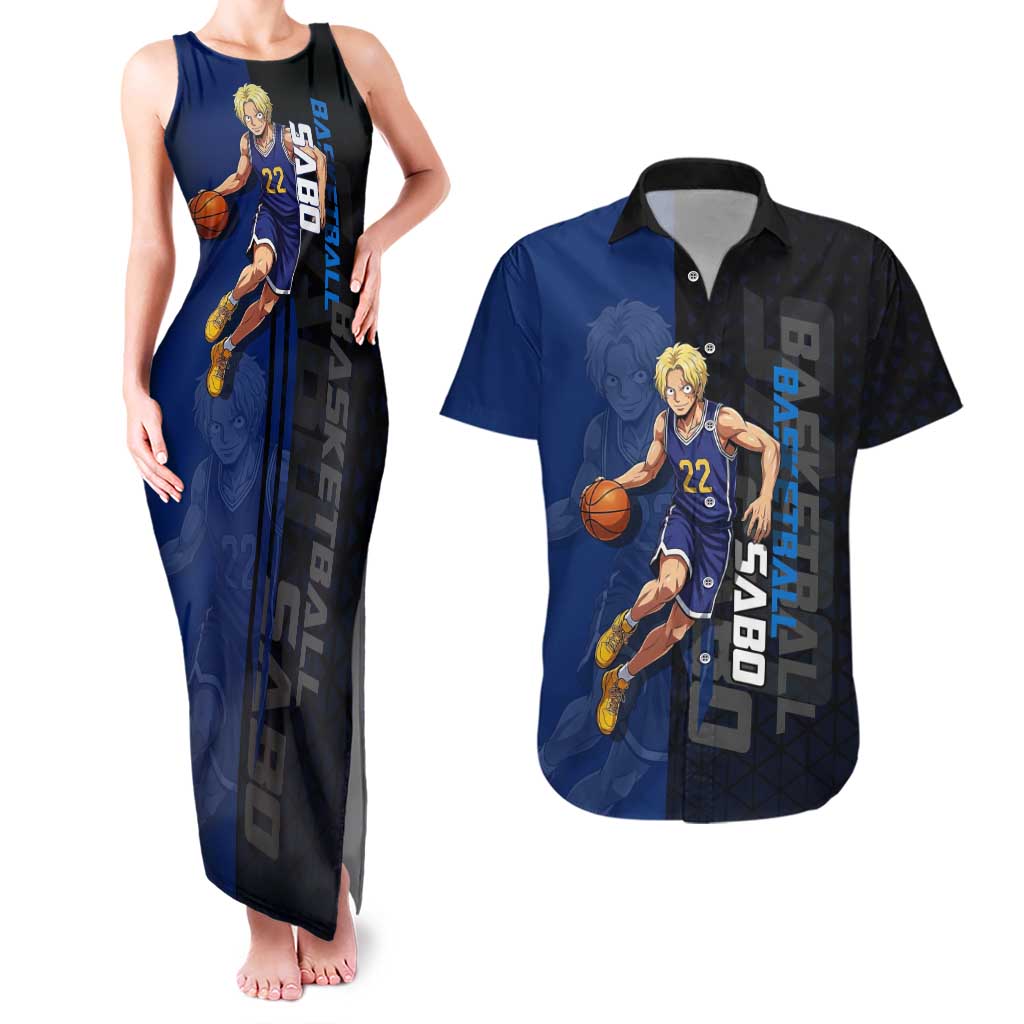 Sabo One Piece Basketball Theme Blue and Black Design Couples Matching Tank Maxi Dress and Hawaiian Shirt with Top Hat Emblem and Action Dribble Pose - The Mazicc
