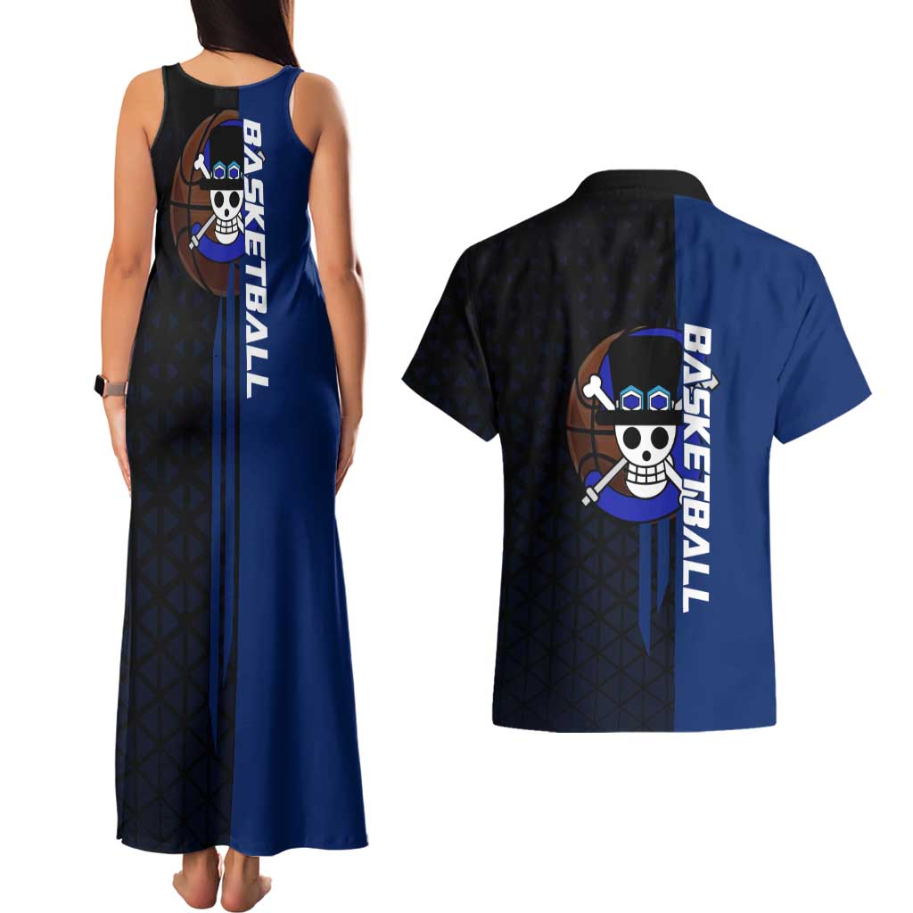 Sabo One Piece Basketball Theme Blue and Black Design Couples Matching Tank Maxi Dress and Hawaiian Shirt with Top Hat Emblem and Action Dribble Pose - The Mazicc