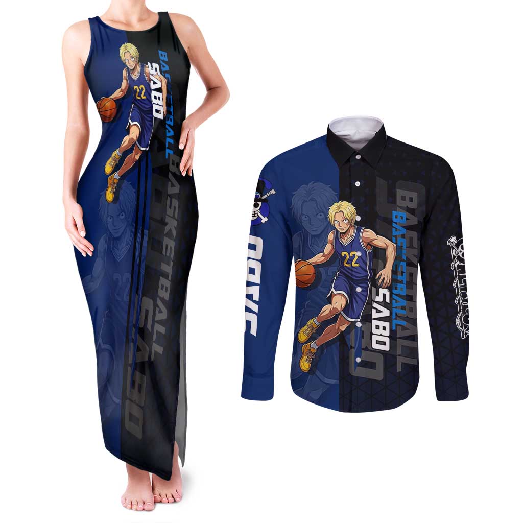 Sabo One Piece Basketball Theme Blue and Black Design Couples Matching Tank Maxi Dress and Long Sleeve Button Shirt with Top Hat Emblem and Action Dribble Pose - The Mazicc