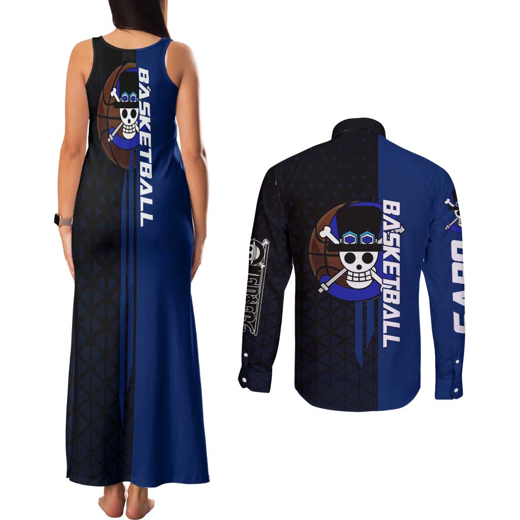 Sabo One Piece Basketball Theme Blue and Black Design Couples Matching Tank Maxi Dress and Long Sleeve Button Shirt with Top Hat Emblem and Action Dribble Pose - The Mazicc