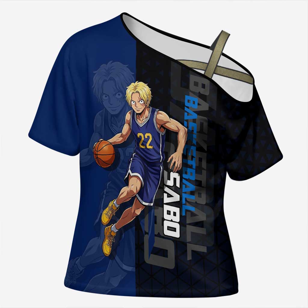 Sabo One Piece Basketball Theme Blue and Black Design Cross Shoulder Shirt with Top Hat Emblem and Action Dribble Pose - The Mazicc