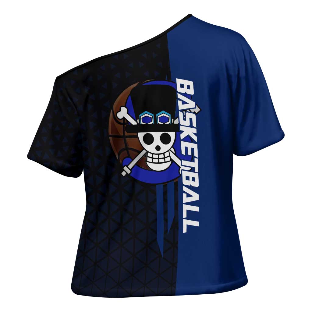 Sabo One Piece Basketball Theme Blue and Black Design Cross Shoulder Shirt with Top Hat Emblem and Action Dribble Pose - The Mazicc