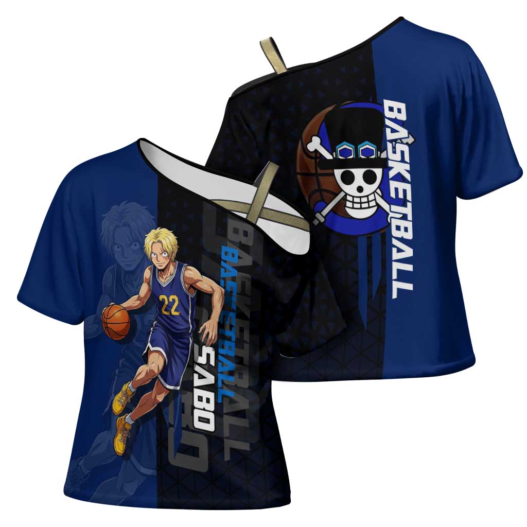 Sabo One Piece Basketball Theme Blue and Black Design Cross Shoulder Shirt with Top Hat Emblem and Action Dribble Pose - The Mazicc
