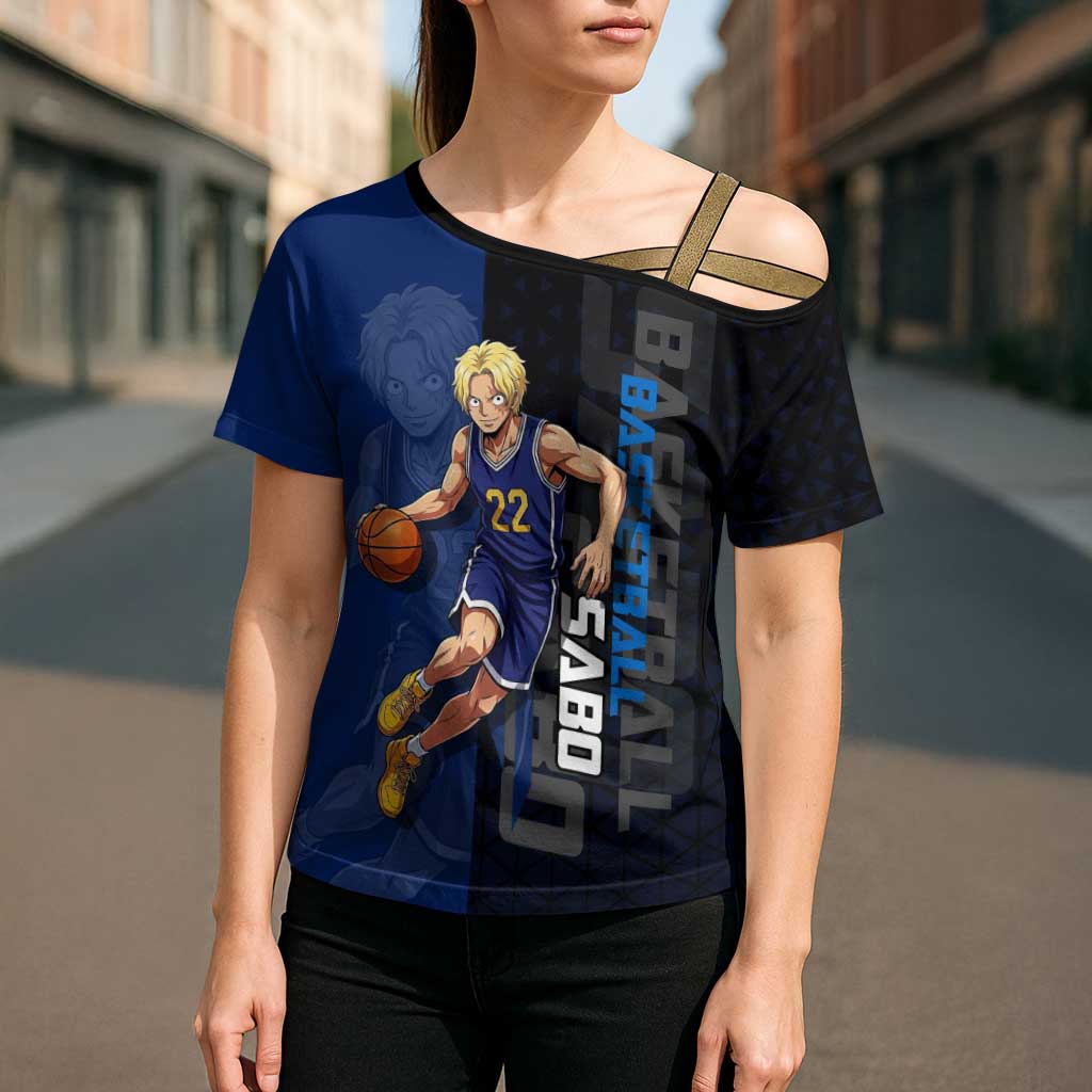 Sabo One Piece Basketball Theme Blue and Black Design Cross Shoulder Shirt with Top Hat Emblem and Action Dribble Pose - The Mazicc
