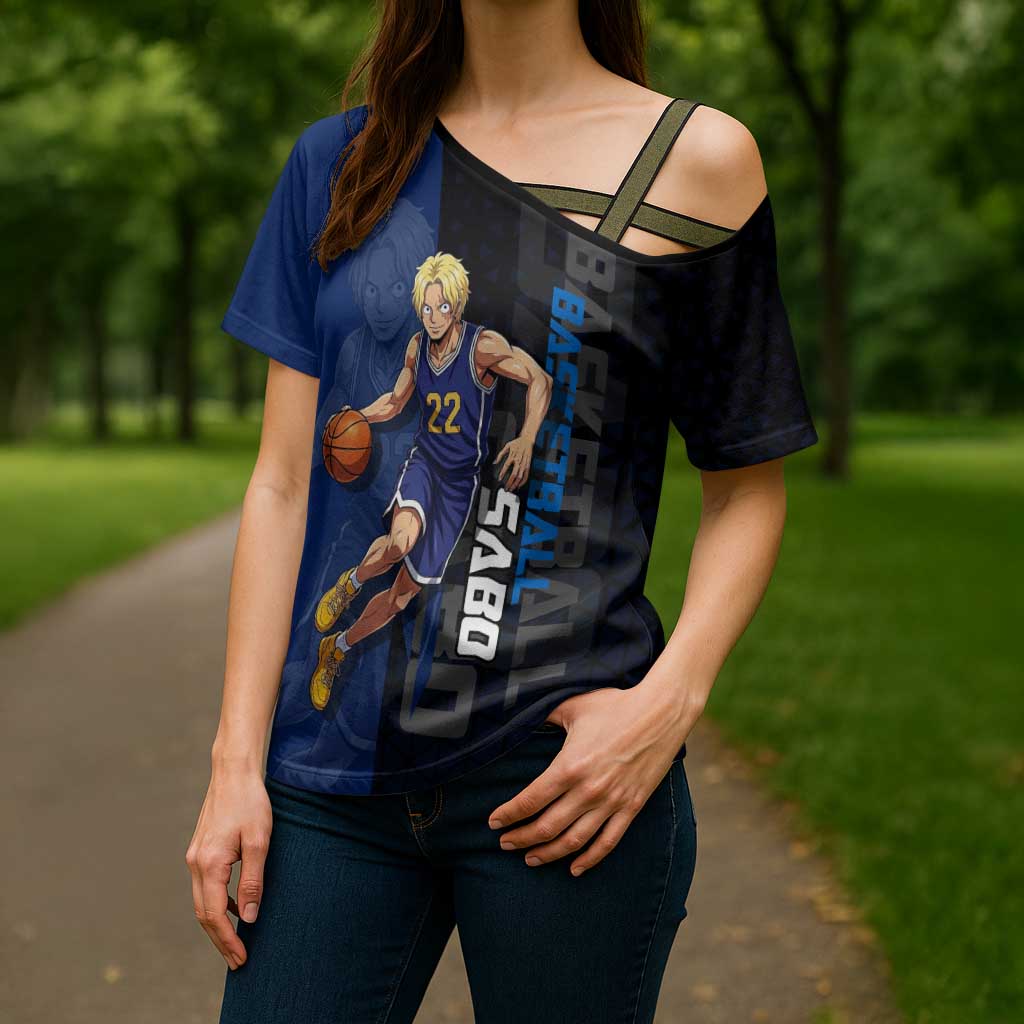 Sabo One Piece Basketball Theme Blue and Black Design Cross Shoulder Shirt with Top Hat Emblem and Action Dribble Pose - The Mazicc