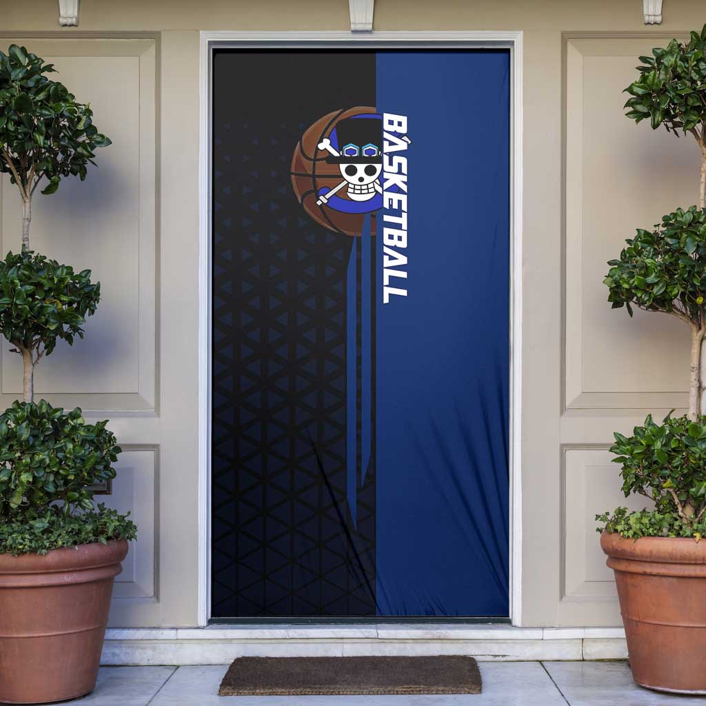Sabo One Piece Basketball Theme Blue and Black Design Door Cover with Top Hat Emblem and Action Dribble Pose - The Mazicc