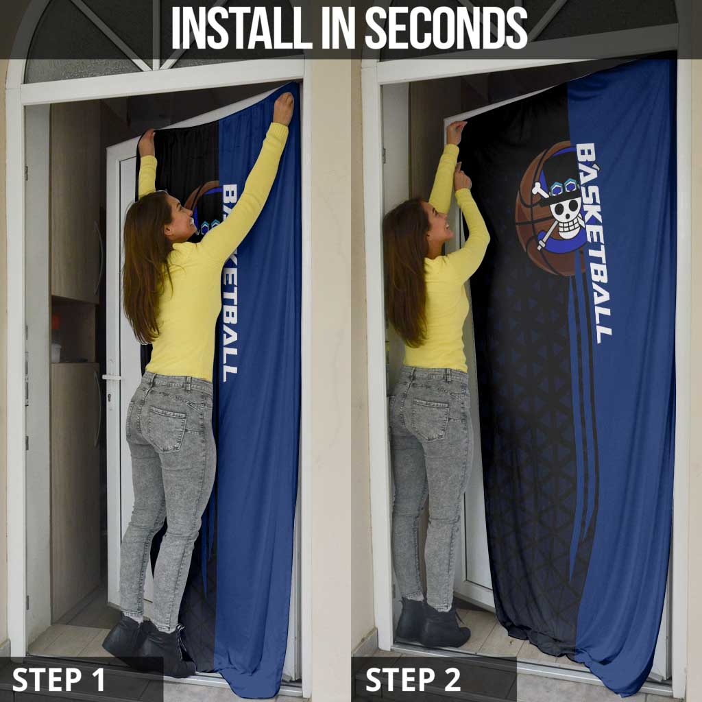 Sabo One Piece Basketball Theme Blue and Black Design Door Cover with Top Hat Emblem and Action Dribble Pose - The Mazicc