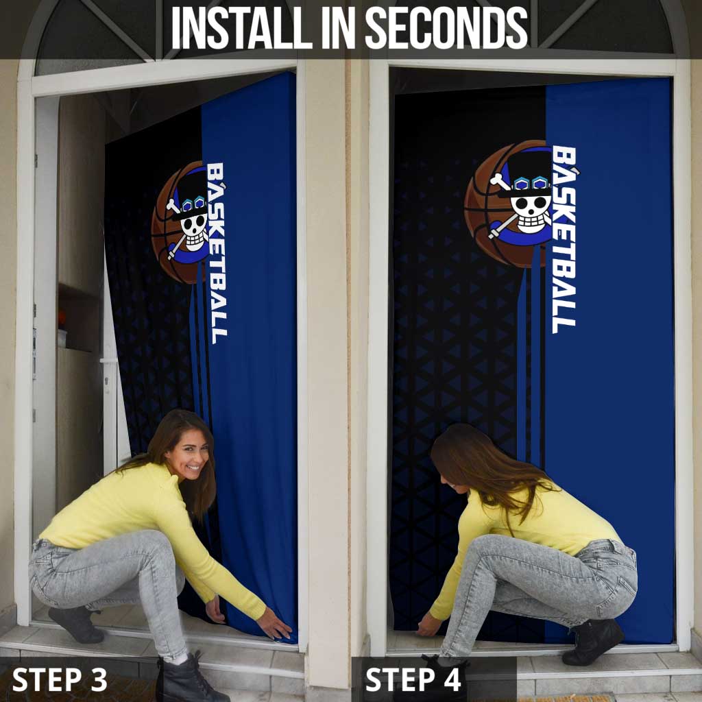 Sabo One Piece Basketball Theme Blue and Black Design Door Cover with Top Hat Emblem and Action Dribble Pose - The Mazicc