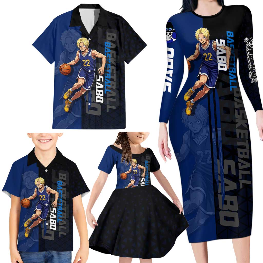 Sabo One Piece Basketball Theme Blue and Black Design Family Matching Long Sleeve Bodycon Dress and Hawaiian Shirt with Top Hat Emblem and Action Dribble Pose