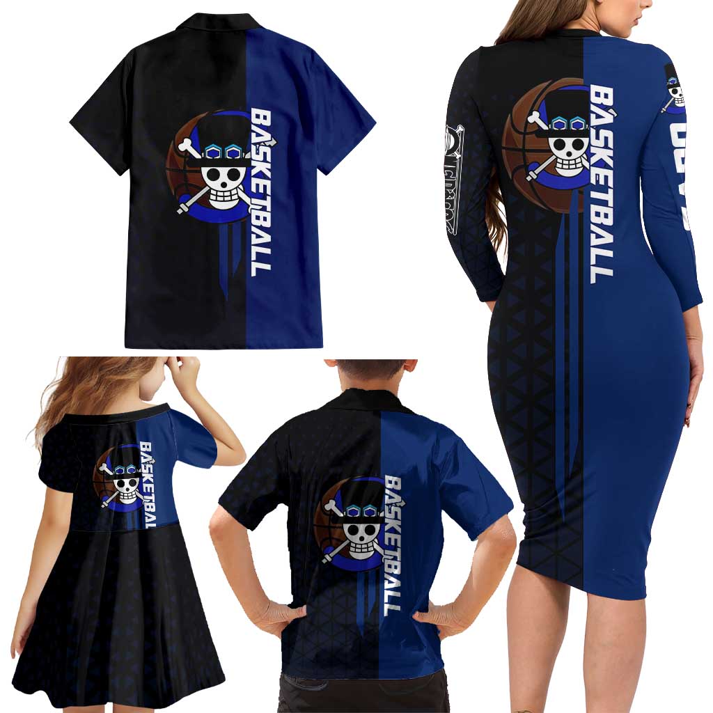 Sabo One Piece Basketball Theme Blue and Black Design Family Matching Long Sleeve Bodycon Dress and Hawaiian Shirt with Top Hat Emblem and Action Dribble Pose