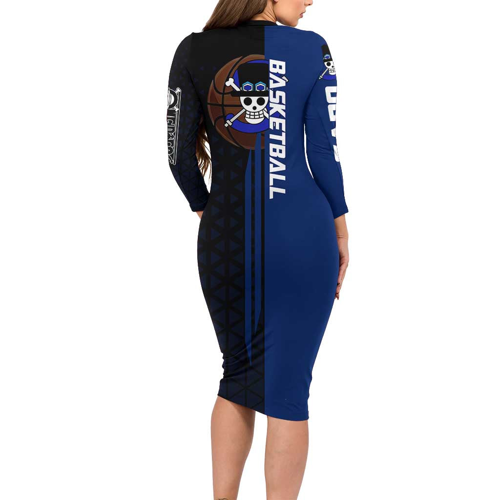 Sabo One Piece Basketball Theme Blue and Black Design Family Matching Long Sleeve Bodycon Dress and Hawaiian Shirt with Top Hat Emblem and Action Dribble Pose