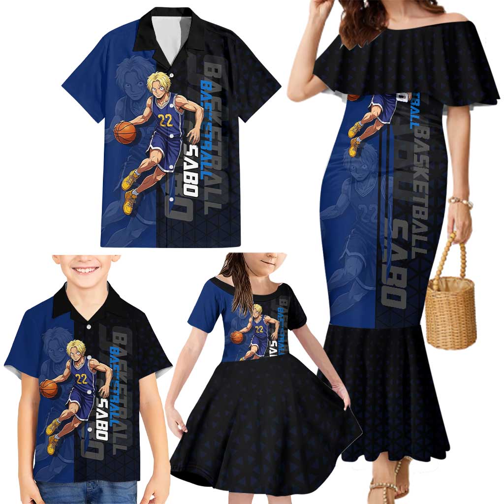 Sabo One Piece Basketball Theme Blue and Black Design Family Matching Mermaid Dress and Hawaiian Shirt with Top Hat Emblem and Action Dribble Pose