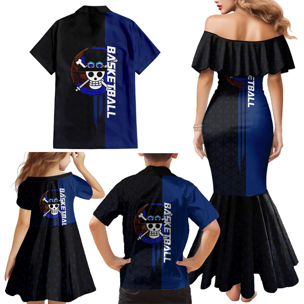 Sabo One Piece Basketball Theme Blue and Black Design Family Matching Mermaid Dress and Hawaiian Shirt with Top Hat Emblem and Action Dribble Pose
