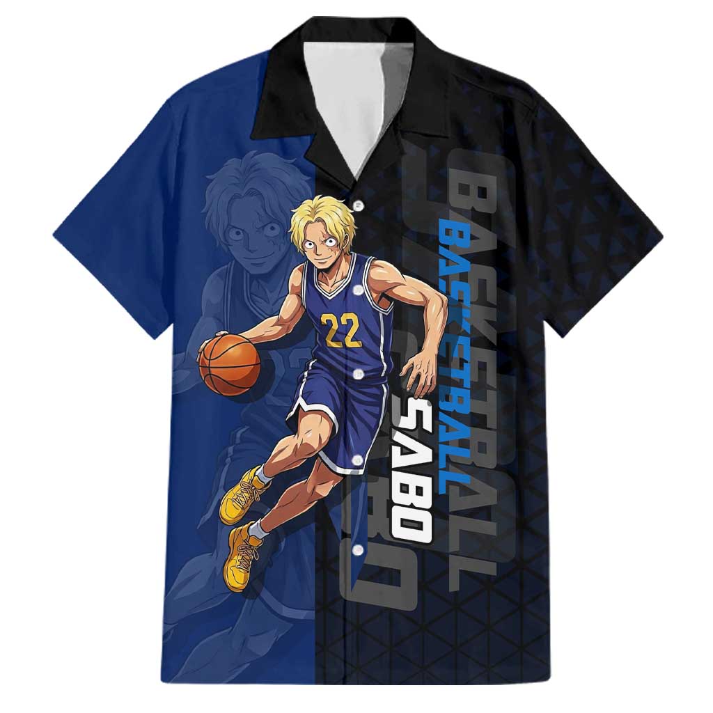 Sabo One Piece Basketball Theme Blue and Black Design Family Matching Mermaid Dress and Hawaiian Shirt with Top Hat Emblem and Action Dribble Pose