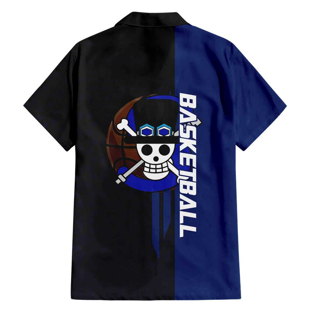 Sabo One Piece Basketball Theme Blue and Black Design Family Matching Mermaid Dress and Hawaiian Shirt with Top Hat Emblem and Action Dribble Pose
