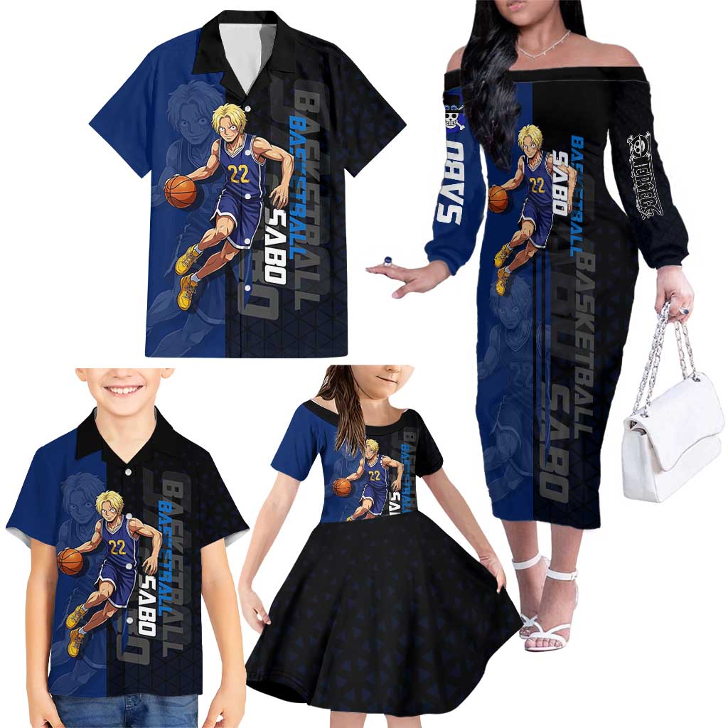 Sabo One Piece Basketball Theme Blue and Black Design Family Matching Off The Shoulder Long Sleeve Dress and Hawaiian Shirt with Top Hat Emblem and Action Dribble Pose